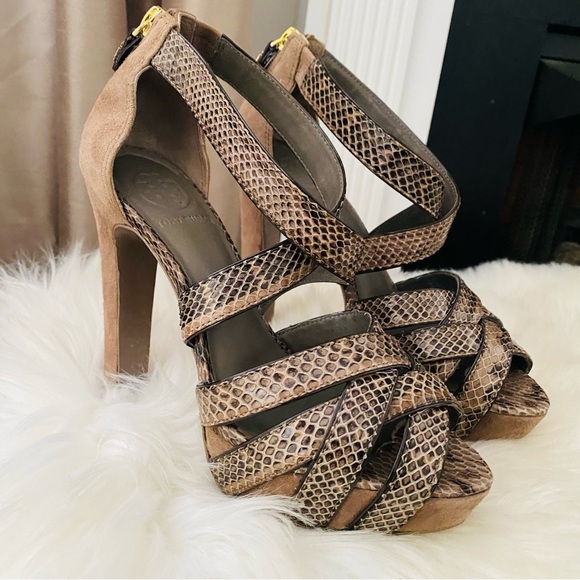 Tory Burch Python Leather and Suede Platform Heel Sandals - Picture 2 of 15